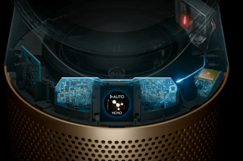 Der Formaldehyd Sensor des Dyson Purifier Hot+Cool Formaldehyde HP09 wird im Inneren des Geräts gezeigt.